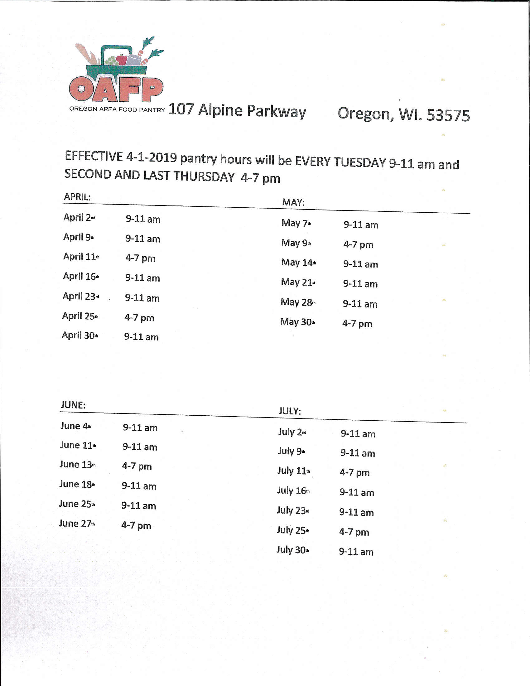 2019 Oregon Food Pantry April July Hours